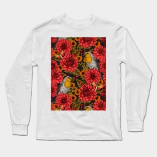 Robins in the autumn garden, red dahlias on black Long Sleeve T-Shirt